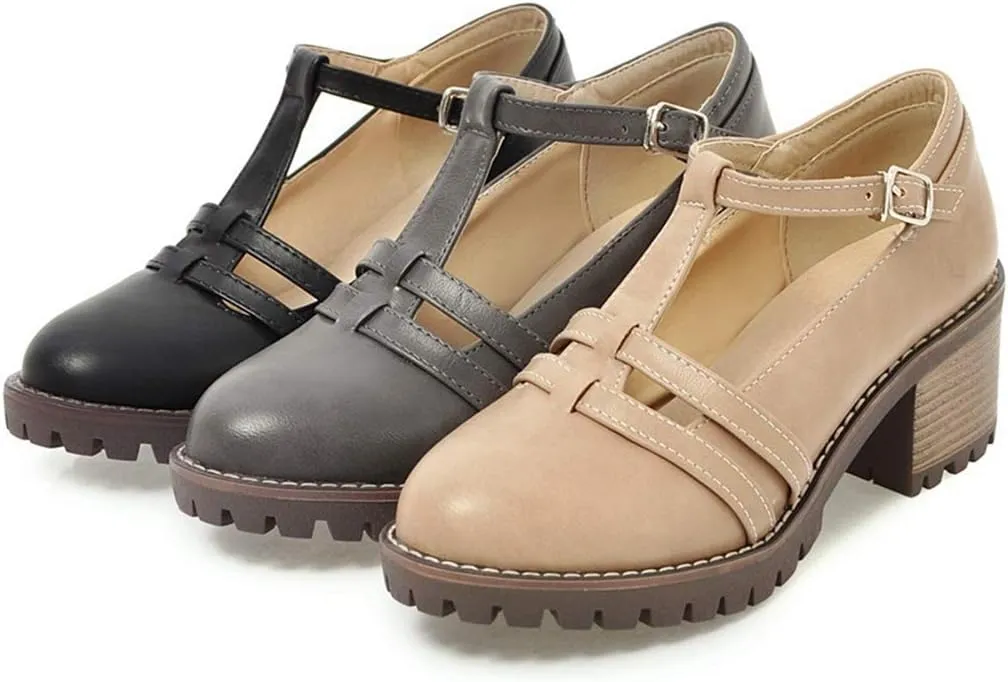 VOKLIN Women's T-Strap Mary Jane Pumps Round Toe Platform Chunky Mid Heels Vintage Brogue Dress Oxford Shoes