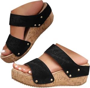 Wedge Sandals for Women 2 Straps Wedges Heels Lug Sole Non-Slip Soft Cushion Wedge Slippers Casual Shoes