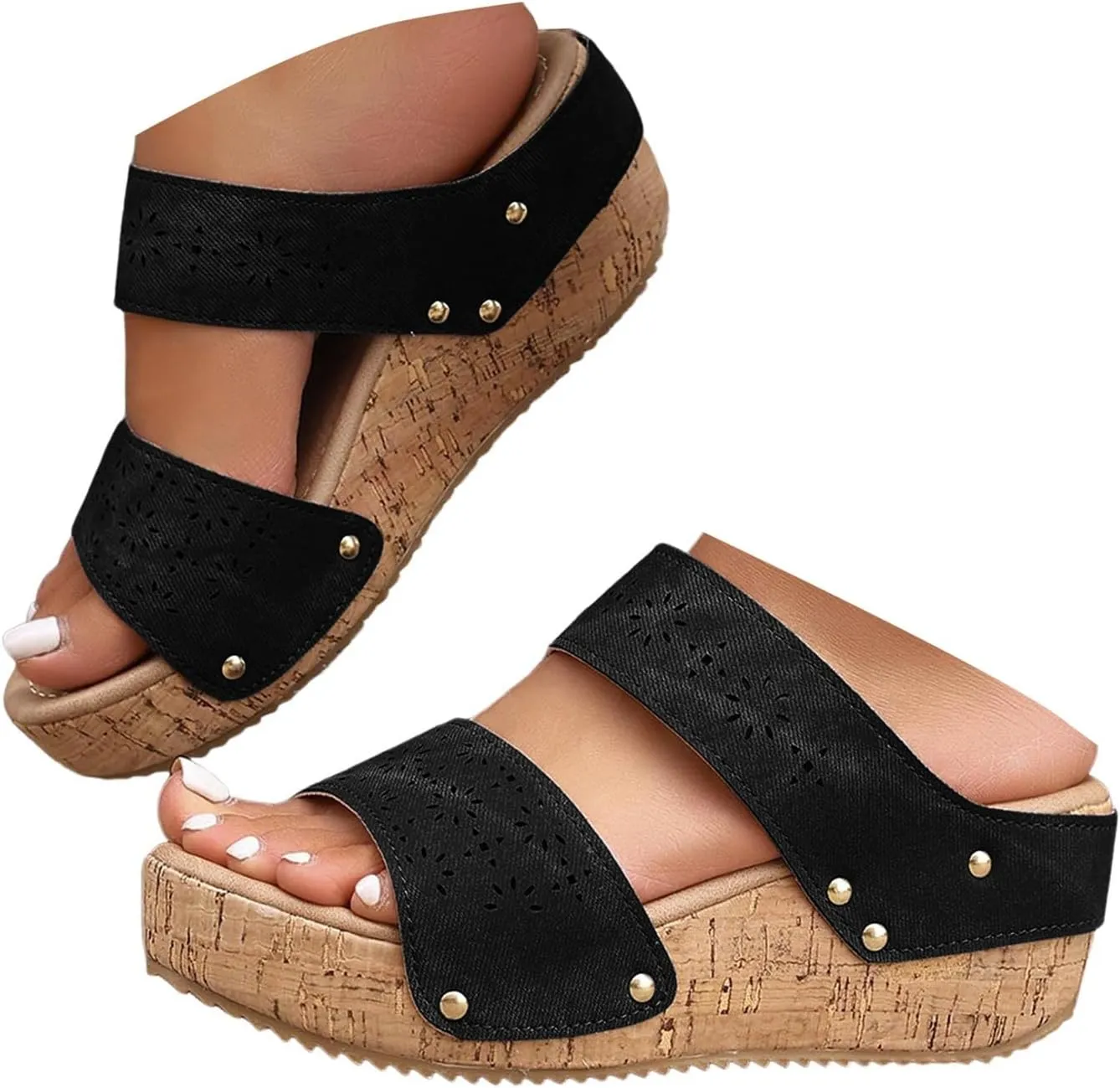 Wedge Sandals for Women 2 Straps Wedges Heels Lug Sole Non-Slip Soft Cushion Wedge Slippers Casual Shoes