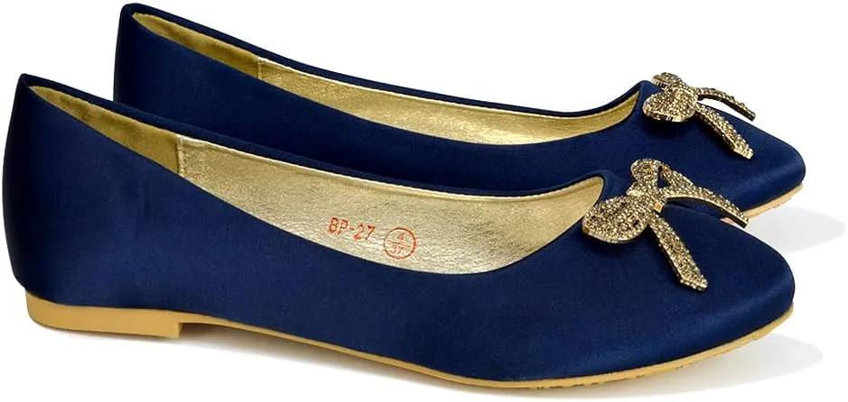 Women Flat Bridal Satin Slip On Ballerina Pumps Ladies Diamante Bow Bridesmaid Shoes