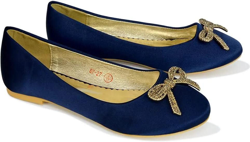 Women Flat Bridal Satin Slip On Ballerina Pumps Ladies Diamante Bow Bridesmaid Shoes