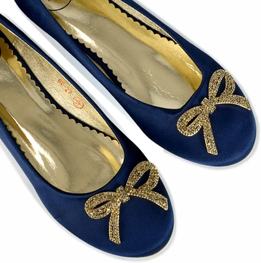 Women Flat Bridal Satin Slip On Ballerina Pumps Ladies Diamante Bow Bridesmaid Shoes