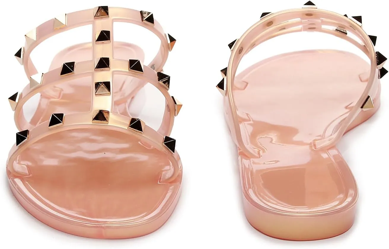 Women Flats Sandals, Studded Jelly Shoes Size 9 Red Dressy Summer Beach Rivets Strappy Jellies Slide Slip On Open Toes