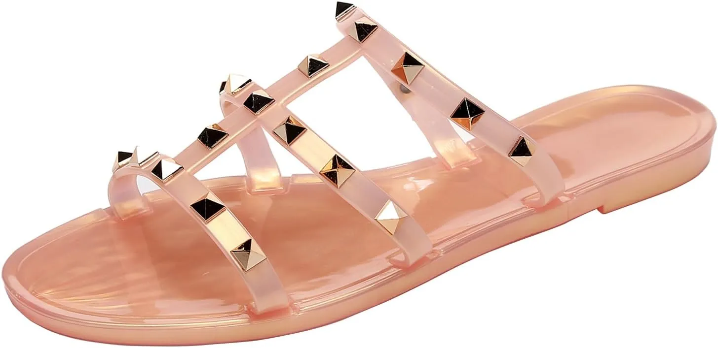 Women Flats Sandals, Studded Jelly Shoes Size 9 Red Dressy Summer Beach Rivets Strappy Jellies Slide Slip On Open Toes