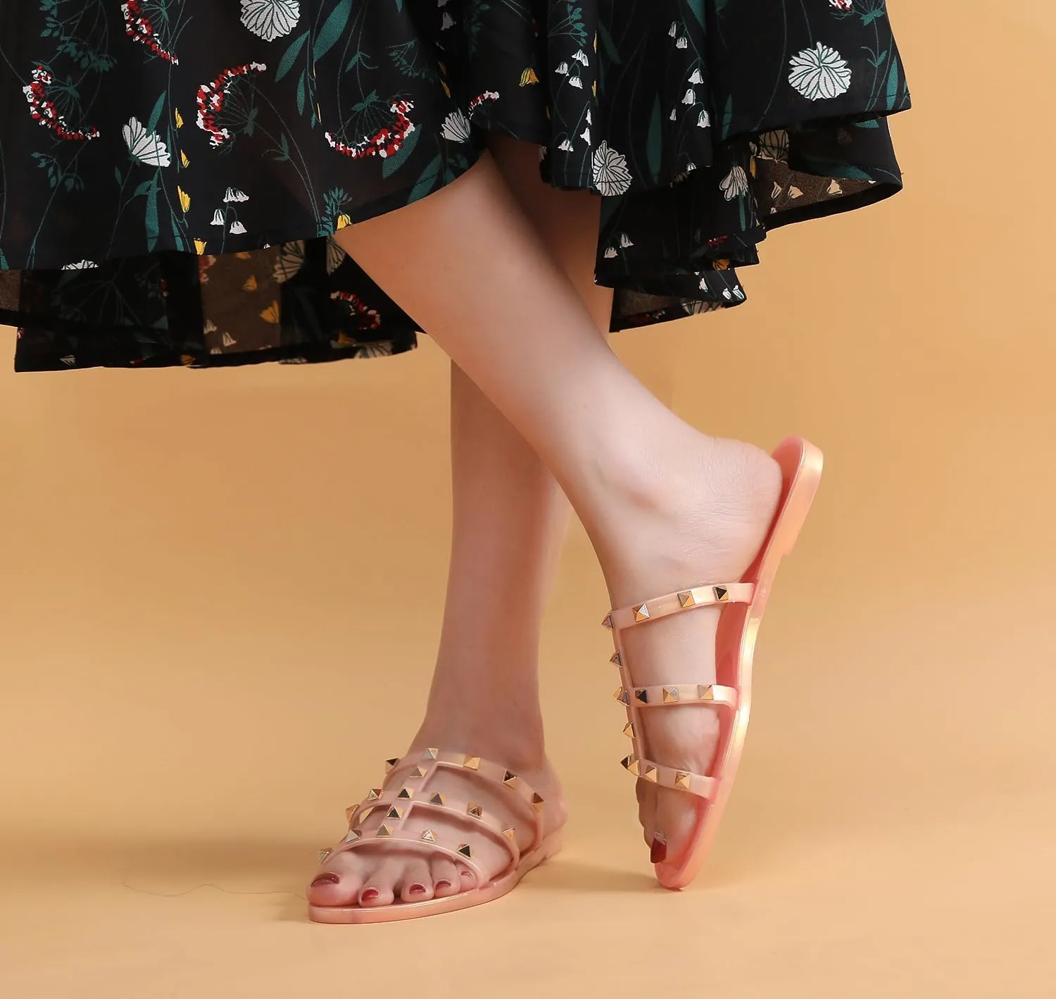 Women Flats Sandals, Studded Jelly Shoes Size 9 Red Dressy Summer Beach Rivets Strappy Jellies Slide Slip On Open Toes