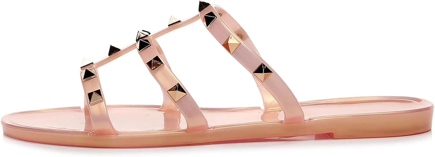 Women Flats Sandals, Studded Jelly Shoes Size 9 Red Dressy Summer Beach Rivets Strappy Jellies Slide Slip On Open Toes