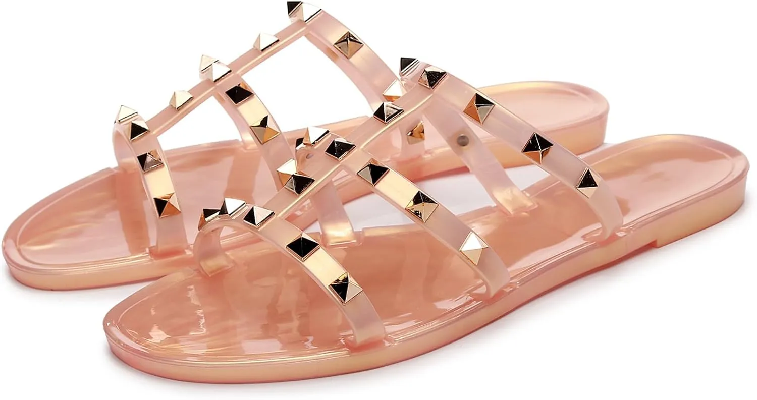 Women Flats Sandals, Studded Jelly Shoes Size 9 Red Dressy Summer Beach Rivets Strappy Jellies Slide Slip On Open Toes
