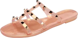 Women Flats Sandals, Studded Jelly Shoes Size 9 Red Dressy Summer Beach Rivets Strappy Jellies Slide Slip On Open Toes