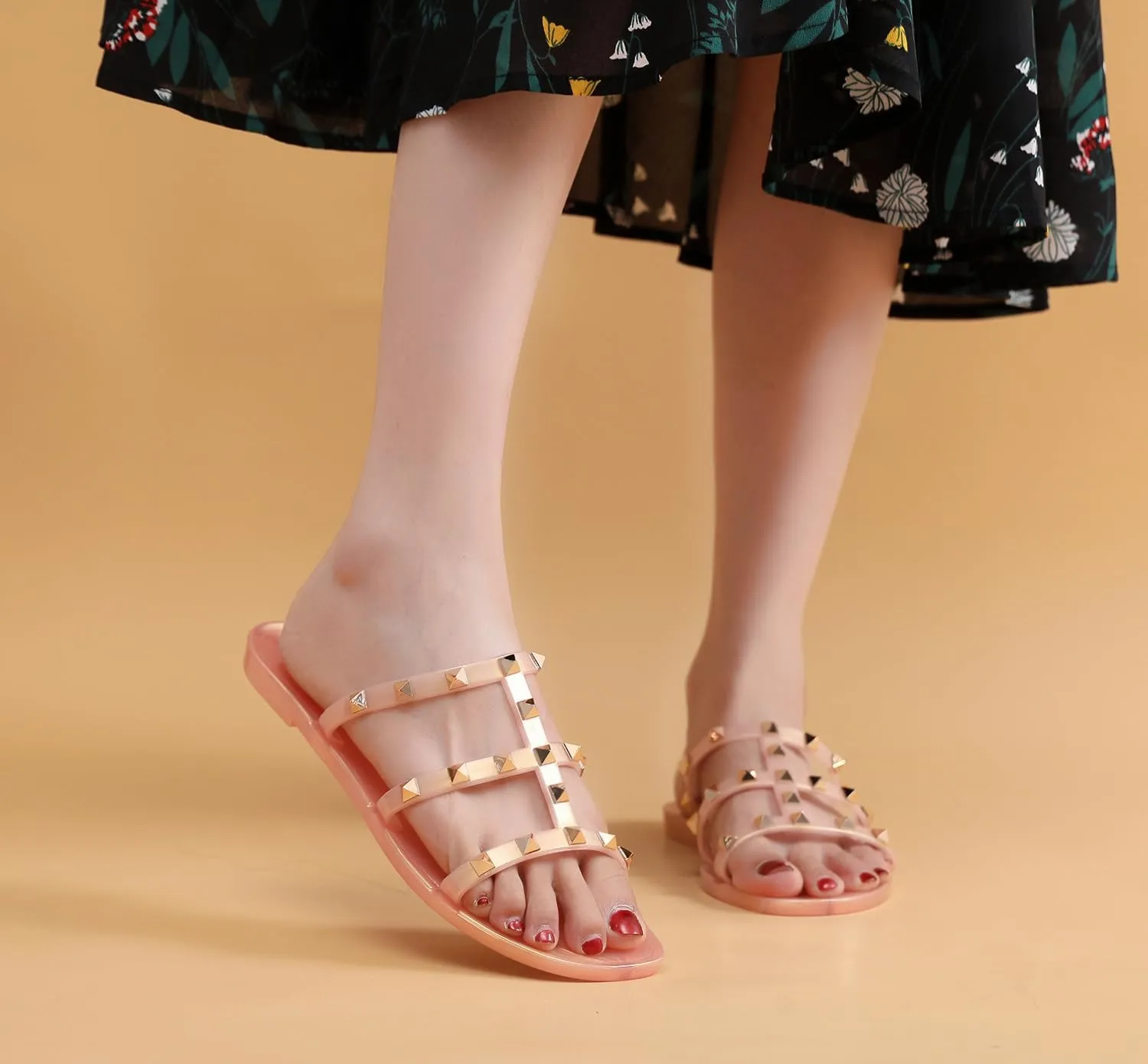 Women Flats Sandals, Studded Jelly Shoes Size 9 Red Dressy Summer Beach Rivets Strappy Jellies Slide Slip On Open Toes