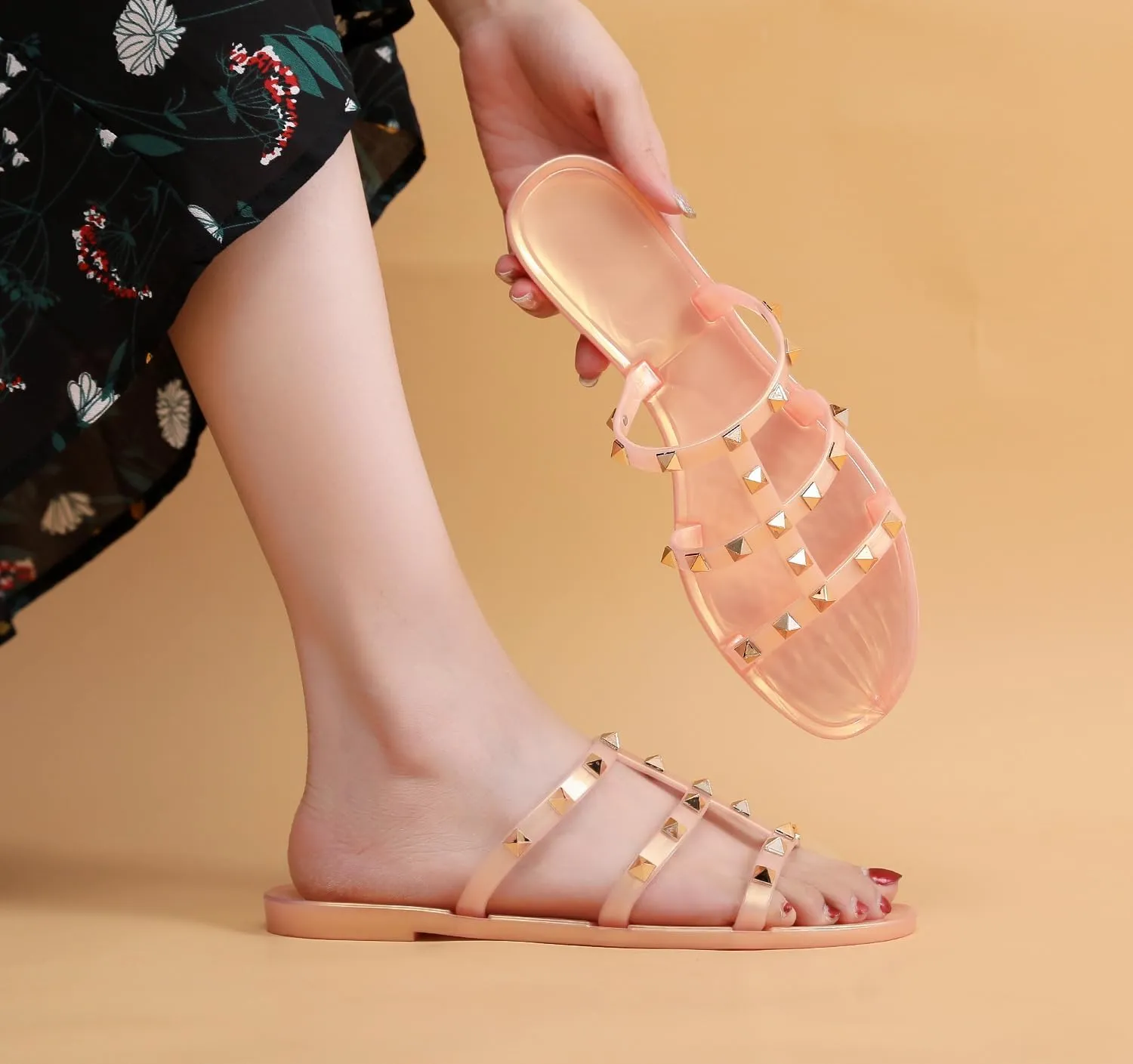 Women Flats Sandals, Studded Jelly Shoes Size 9 Red Dressy Summer Beach Rivets Strappy Jellies Slide Slip On Open Toes