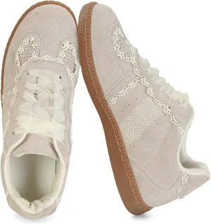 Women Lace Detail Casual Sneakers Elegant Ribbon Lace-Up Shoes with Memory Foam