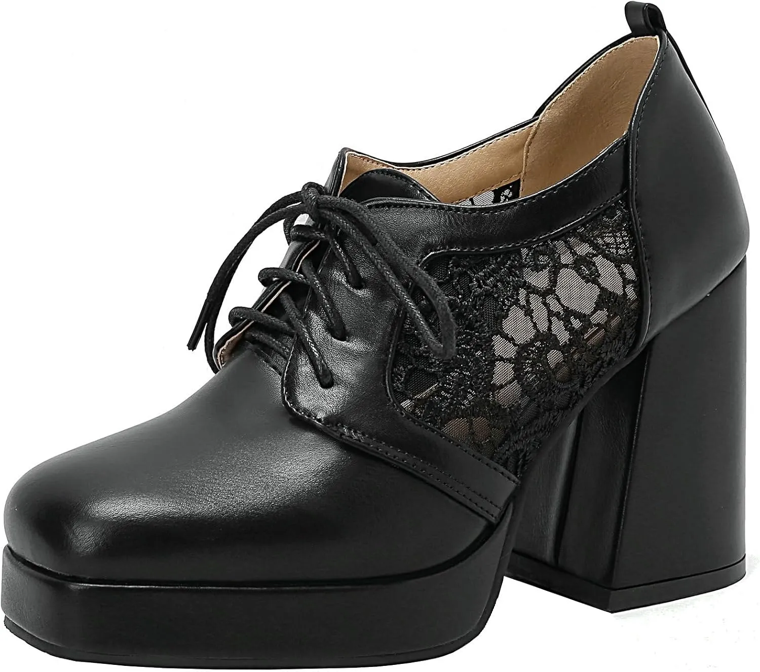Women Square Toe Oxford Shoes Patent Leather Lace up Chunky Heel Brogue Booties Platform High Heel Pumps