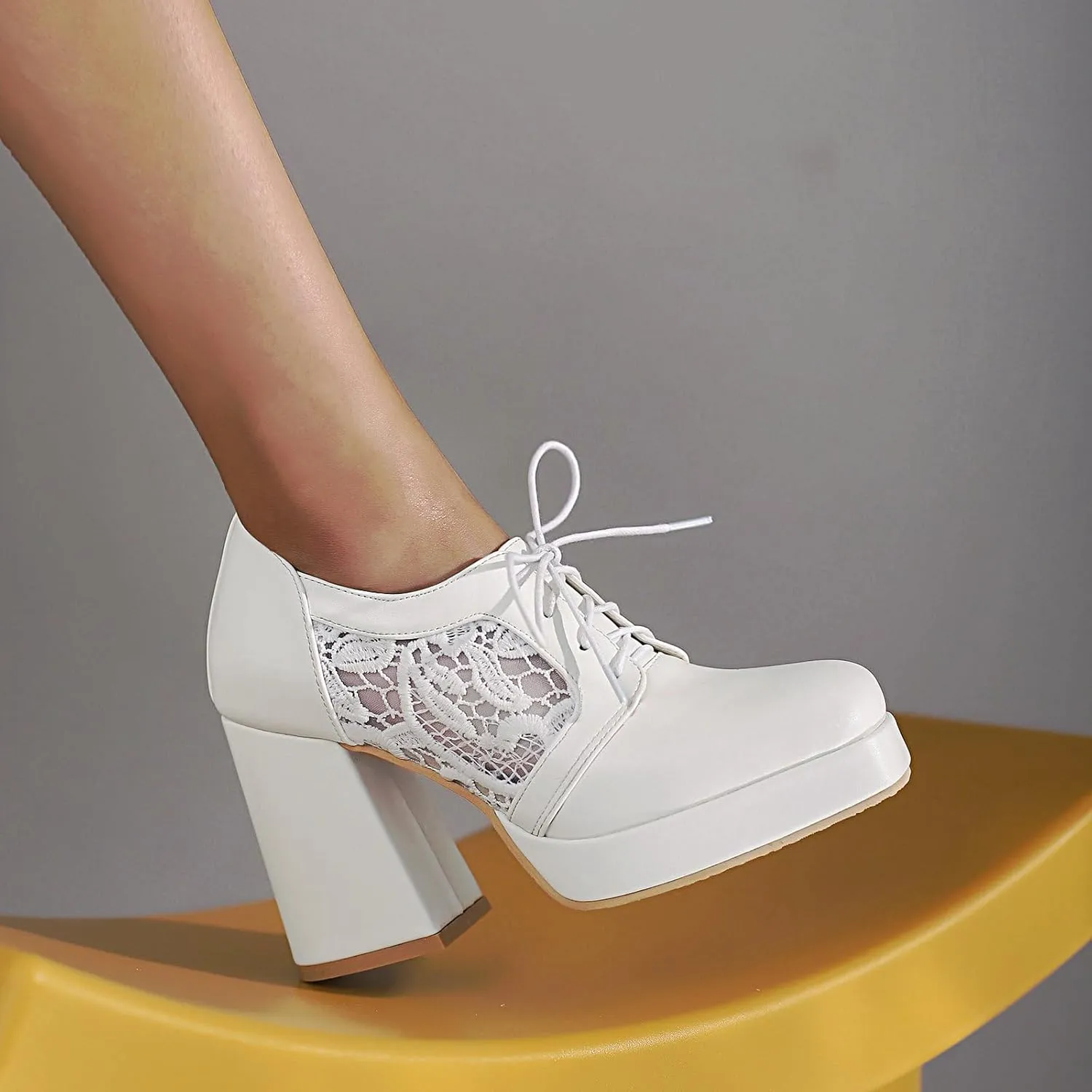 Women Square Toe Oxford Shoes Patent Leather Lace up Chunky Heel Brogue Booties Platform High Heel Pumps