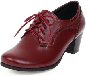 Women Vintage Brogue Oxford Shoes Round Toe Block Heels