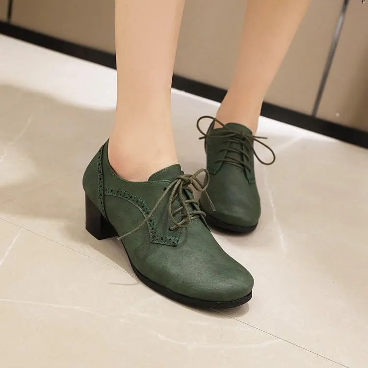 Women Vintage Brogue Oxford Shoes Round Toe Block Heels