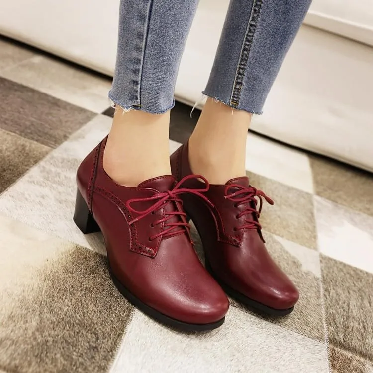 Women Vintage Brogue Oxford Shoes Round Toe Block Heels