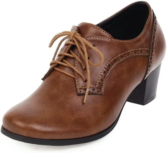 Women Vintage Brogue Oxford Shoes Round Toe Block Heels