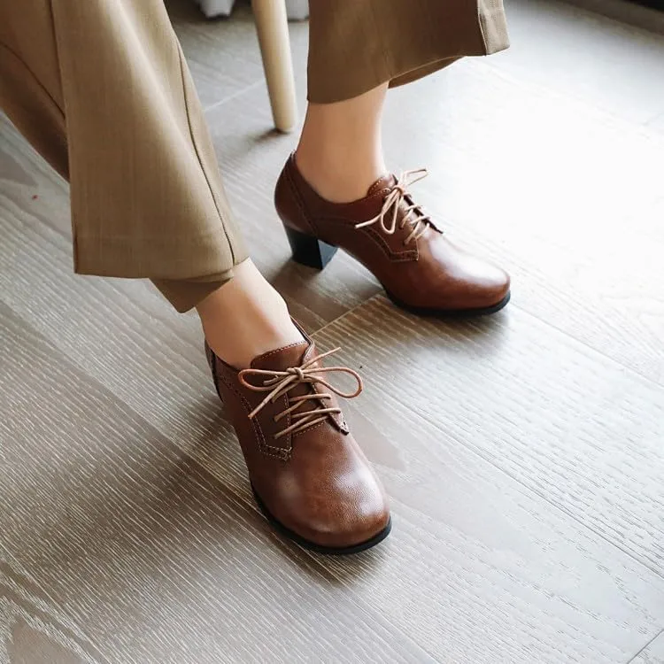 Women Vintage Brogue Oxford Shoes Round Toe Block Heels