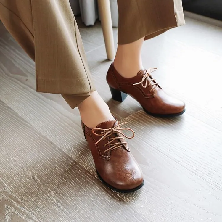 Women Vintage Brogue Oxford Shoes Round Toe Block Heels