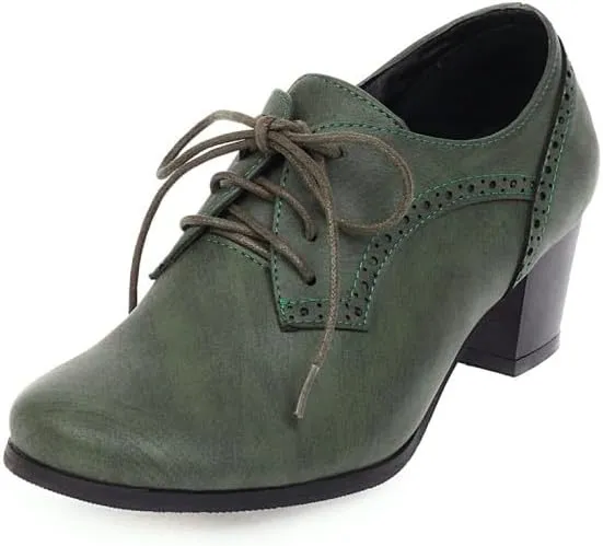 Women Vintage Brogue Oxford Shoes Round Toe Block Heels