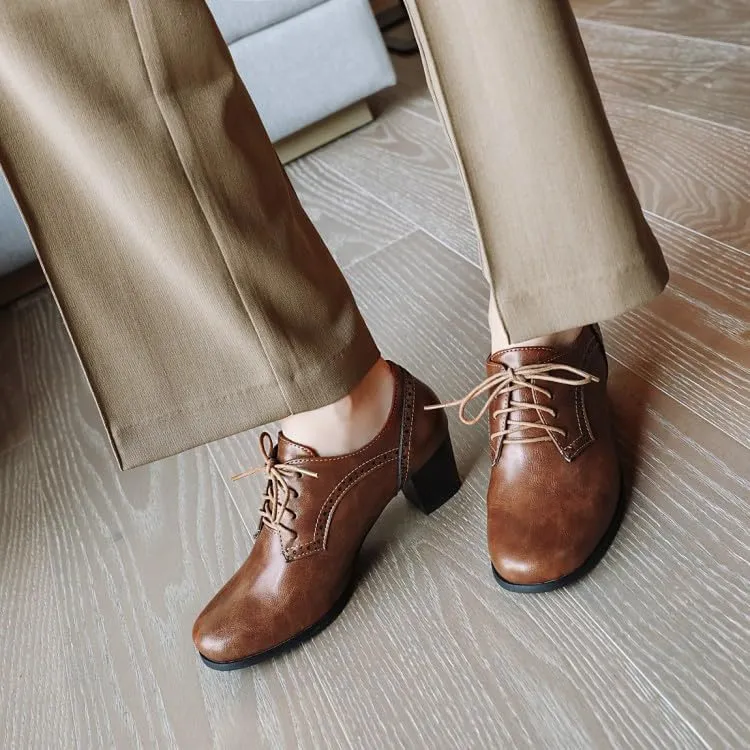 Women Vintage Brogue Oxford Shoes Round Toe Block Heels