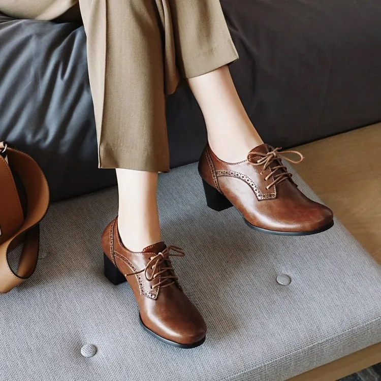 Women Vintage Brogue Oxford Shoes Round Toe Block Heels