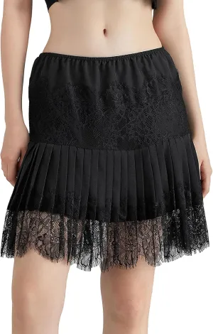 Women Y2k Lace Half Slip Skirt Flowy Ruffle Pleated Mini Skirts Fairy Mesh Floral Mid Rise Layered Short Skirts Underskirt