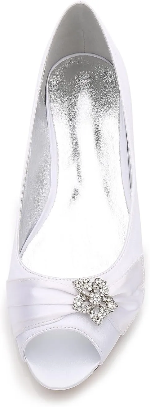 Women's Ballet Flats Slip on Peep Toe Ivory Satin Rubber Sole Wedding Bride Shoes
