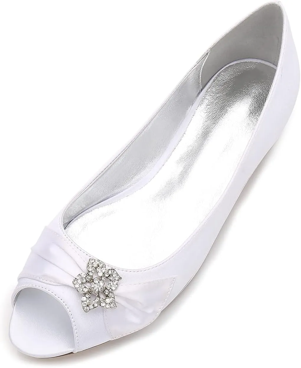 Women's Ballet Flats Slip on Peep Toe Ivory Satin Rubber Sole Wedding Bride Shoes
