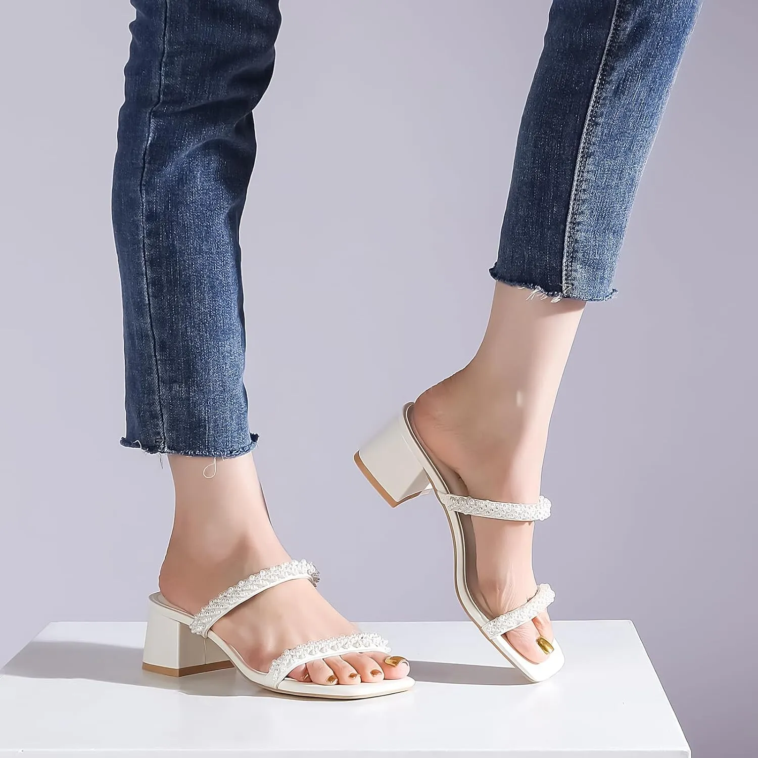 Women's Chunky Block Low Heeled Sandals Two Strap Square Open Toe Slip On Mule Heels