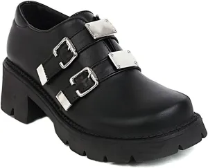 Women's Classic Buckle Platform Oxford Shoes Wingtip Mid Heel Hook & Loop Vintage School Oxfords Brogues