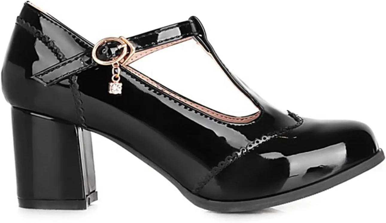 Women's Classic T-Strap Pumps PU Leather Round Toe Chunky Block Heel Retro Vintage Dress Oxford Shoes