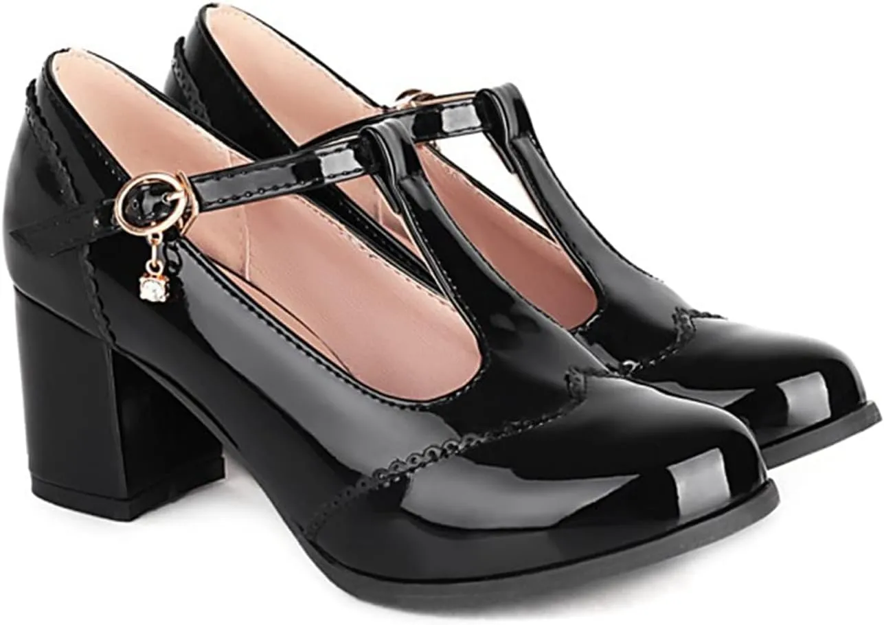 Women's Classic T-Strap Pumps PU Leather Round Toe Chunky Block Heel Retro Vintage Dress Oxford Shoes