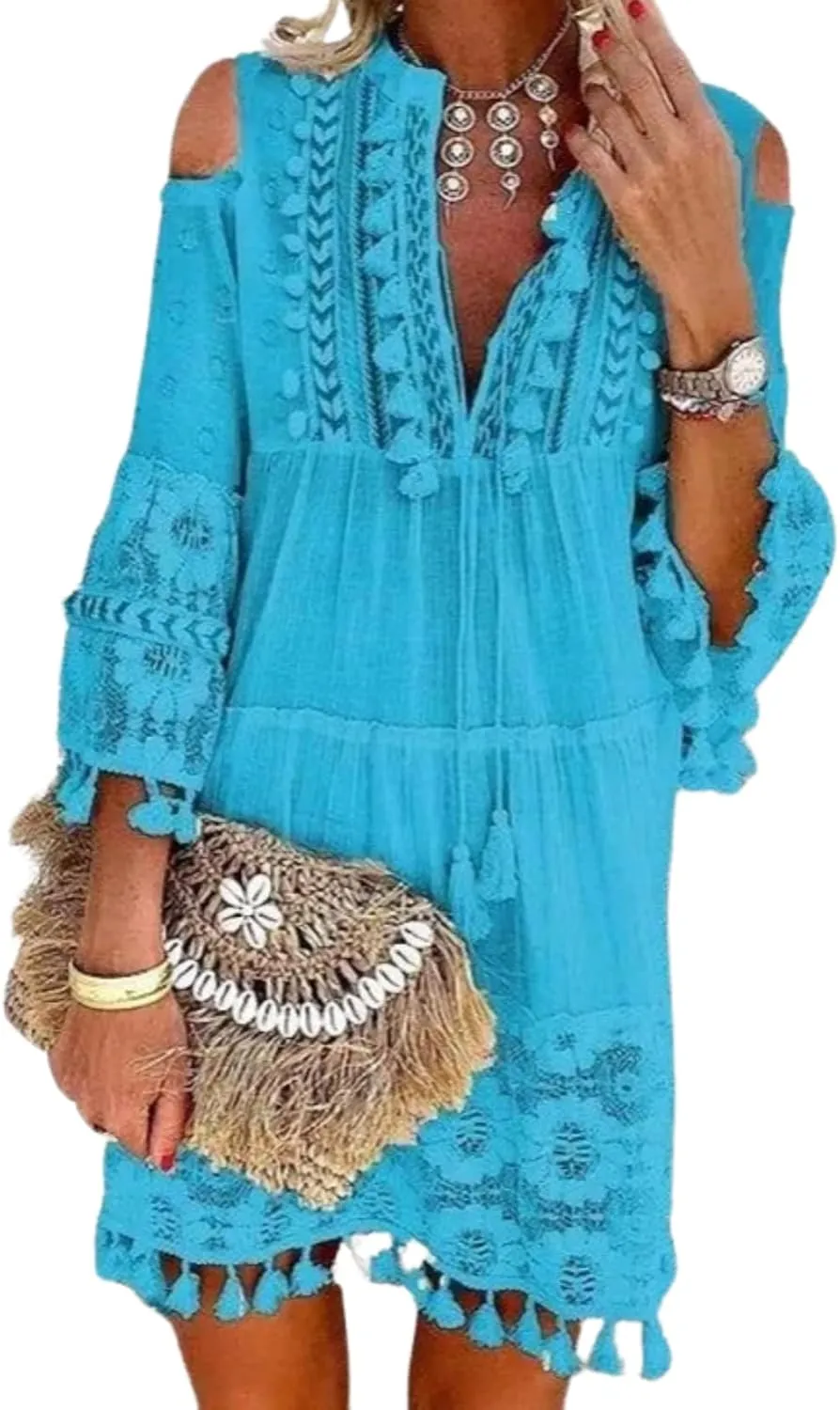 Women's Cold Shoulder Boho Dress Floral Embroidery Lace V-Neck 3/4 Sleeve Summer Loose Beach Sundress