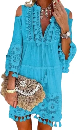 Women's Cold Shoulder Boho Dress Floral Embroidery Lace V-Neck 3/4 Sleeve Summer Loose Beach Sundress