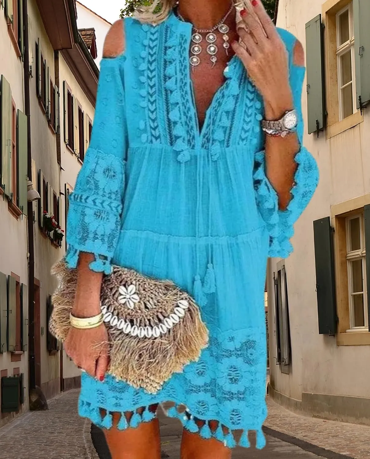 Women's Cold Shoulder Boho Dress Floral Embroidery Lace V-Neck 3/4 Sleeve Summer Loose Beach Sundress