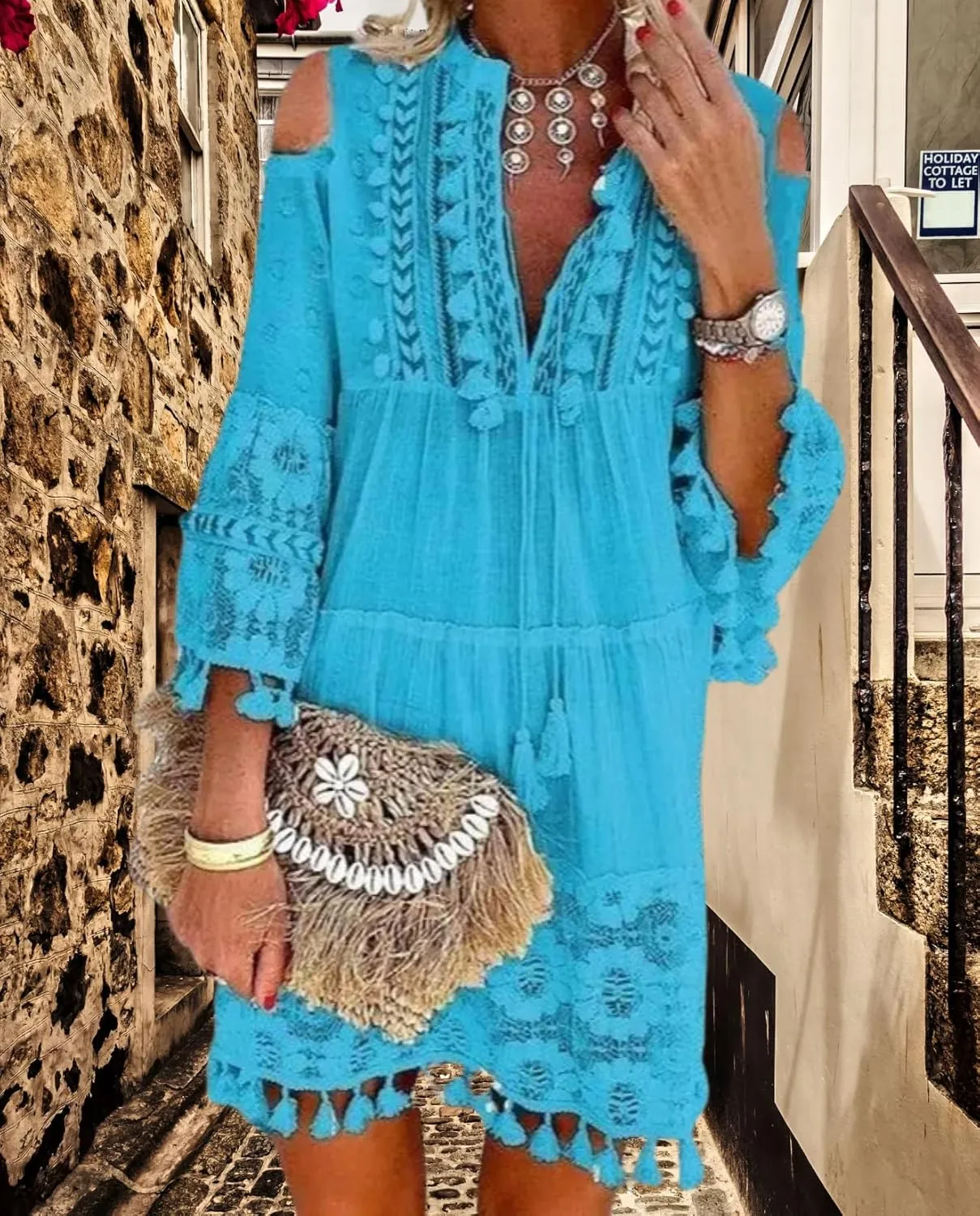 Women's Cold Shoulder Boho Dress Floral Embroidery Lace V-Neck 3/4 Sleeve Summer Loose Beach Sundress