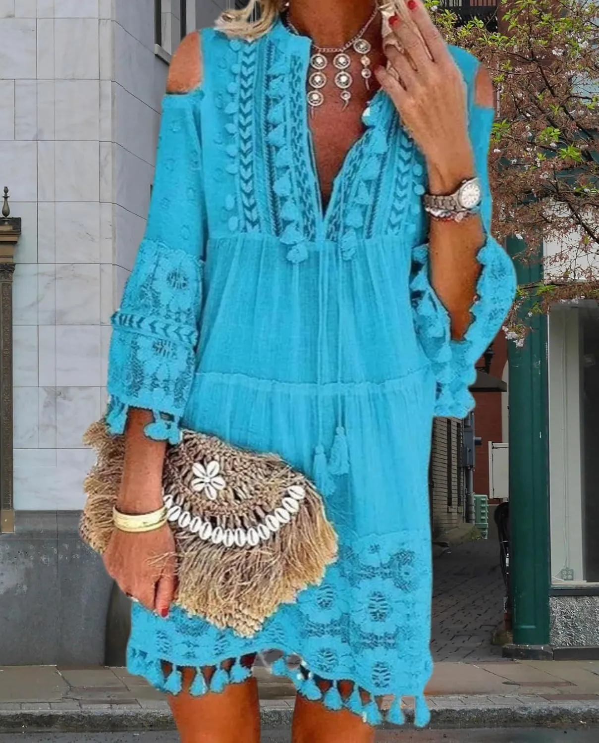 Women's Cold Shoulder Boho Dress Floral Embroidery Lace V-Neck 3/4 Sleeve Summer Loose Beach Sundress