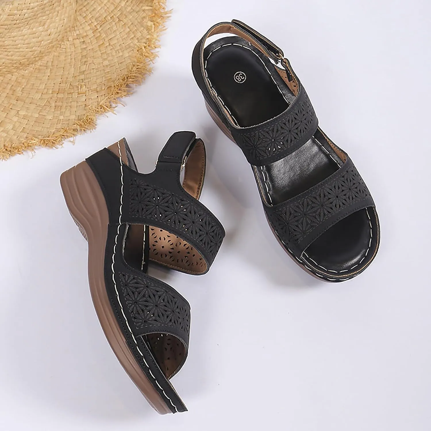 Women’s Comfortable Open Toe Crisscross Straps Slip on Wedge Sandals Orthopedic Dressy Walking Casual Beach Low Slingback Sandal Wedges Retro with Adjustable Hook Loop Platform Arch Support