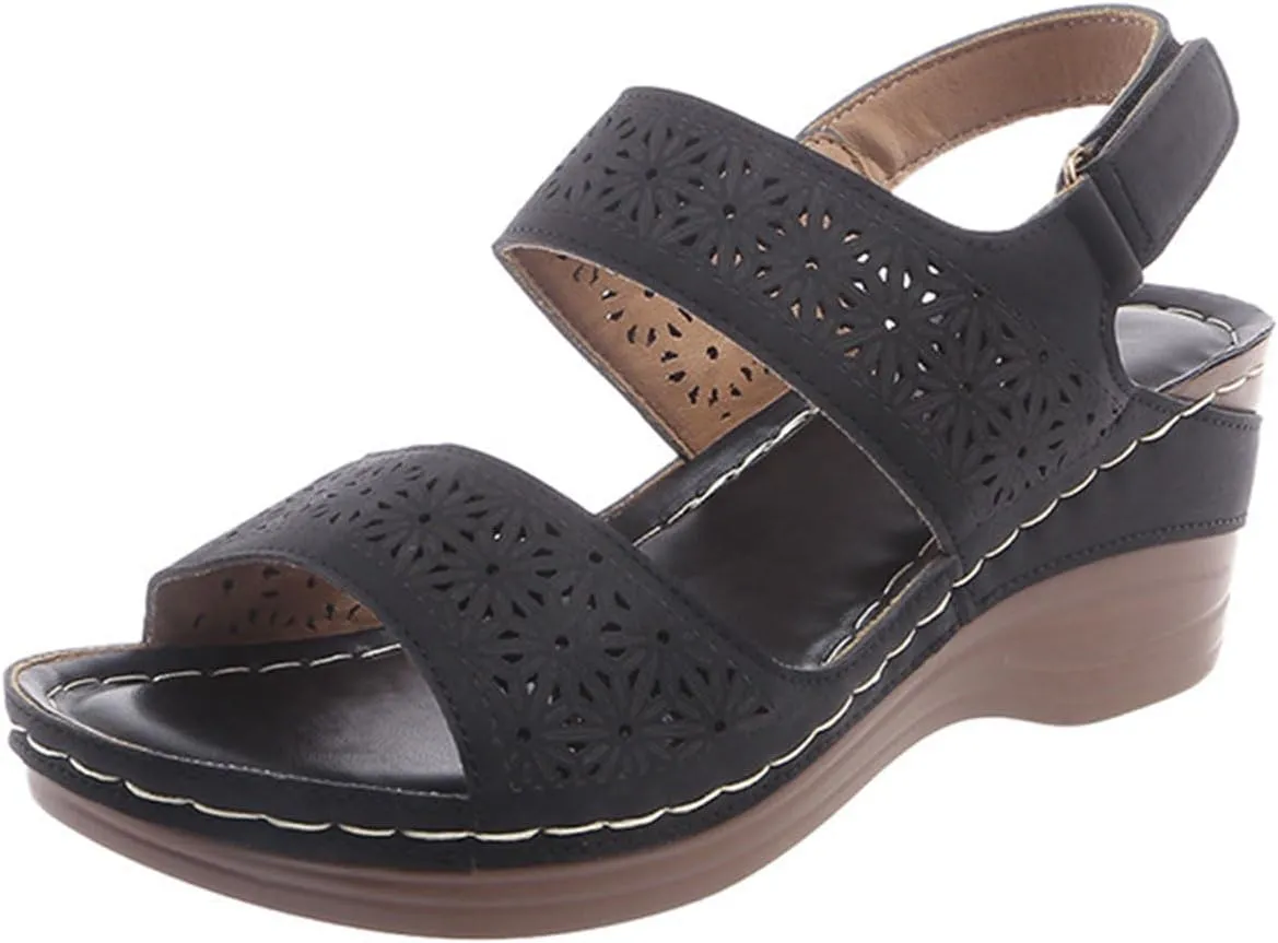 Women’s Comfortable Open Toe Crisscross Straps Slip on Wedge Sandals Orthopedic Dressy Walking Casual Beach Low Slingback Sandal Wedges Retro with Adjustable Hook Loop Platform Arch Support