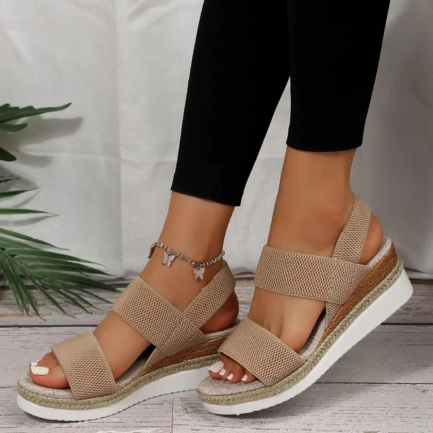 Womens Espadrille Wedge Sandals EVA Sole Platform Sandal Open Toe Ankle Strap Buckle Elastic Summer Comfort Slides Anti-Slip Espadrilles Faux Leather Cork Rubber 2025 Lightweight Flat Shoes