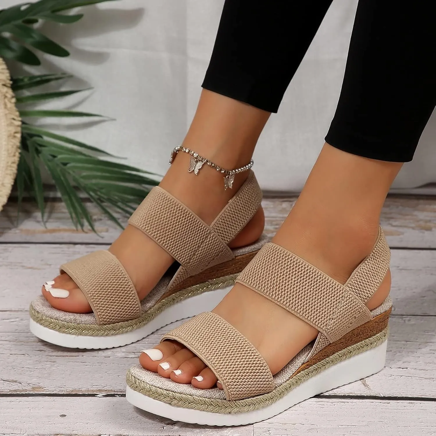Womens Espadrille Wedge Sandals EVA Sole Platform Sandal Open Toe Ankle Strap Buckle Elastic Summer Comfort Slides Anti-Slip Espadrilles Faux Leather Cork Rubber 2025 Lightweight Flat Shoes