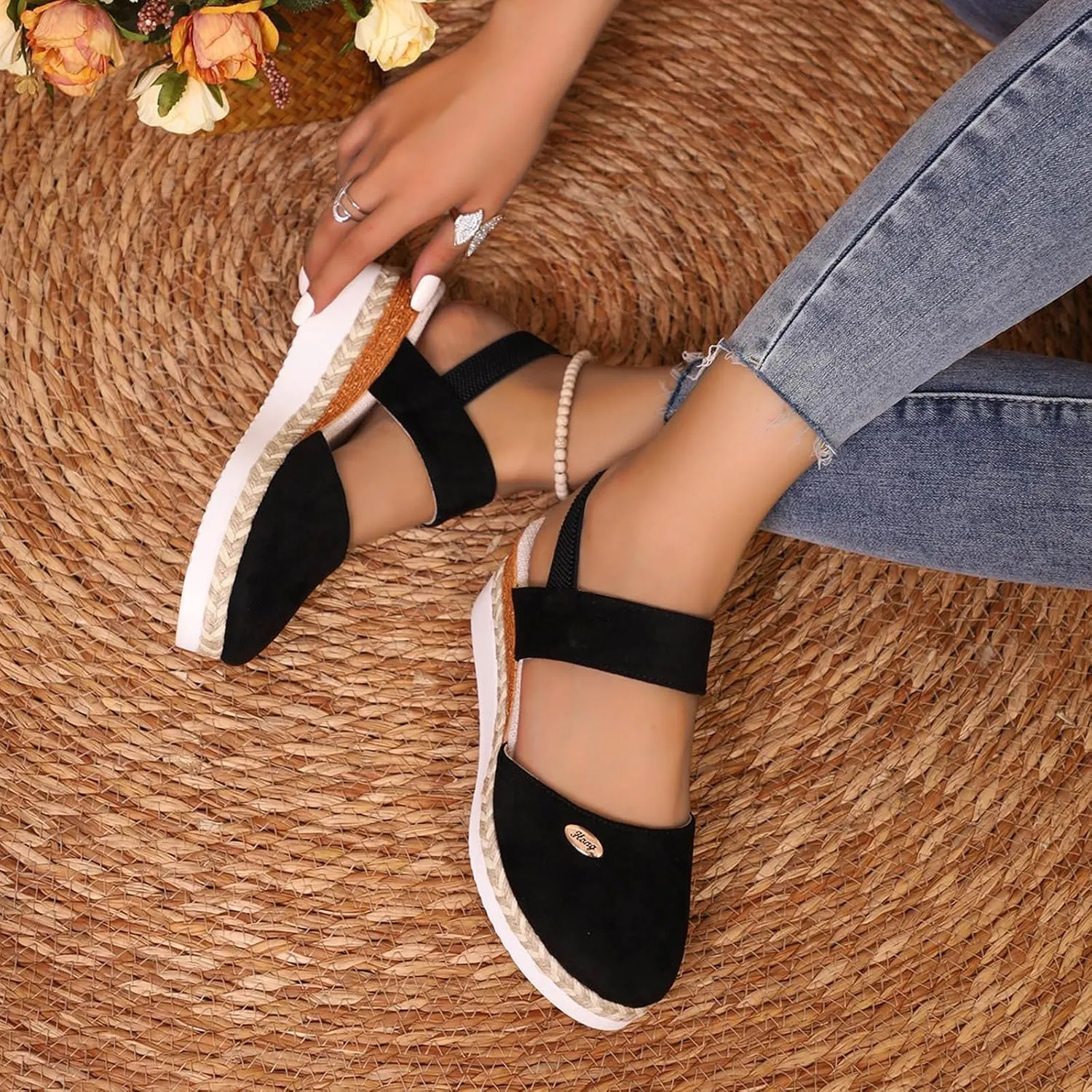 Womens Espadrilles Wedge Sandals Comfortable Closed Toe Slip On Sandals with Arch Support Elastic Strappy Ankle Strap for All Occasions: Casual, Work, Party