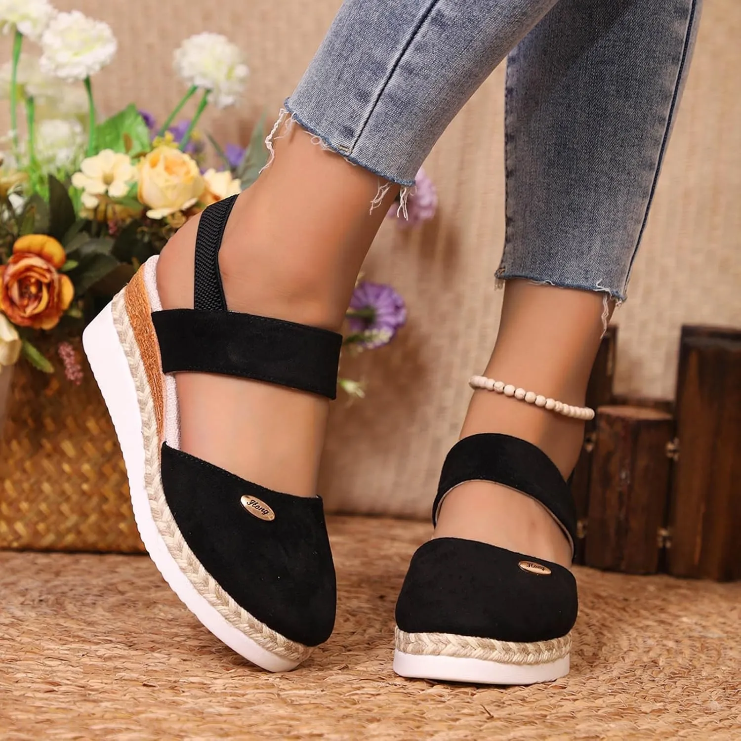 Womens Espadrilles Wedge Sandals Comfortable Closed Toe Slip On Sandals with Arch Support Elastic Strappy Ankle Strap for All Occasions: Casual, Work, Party
