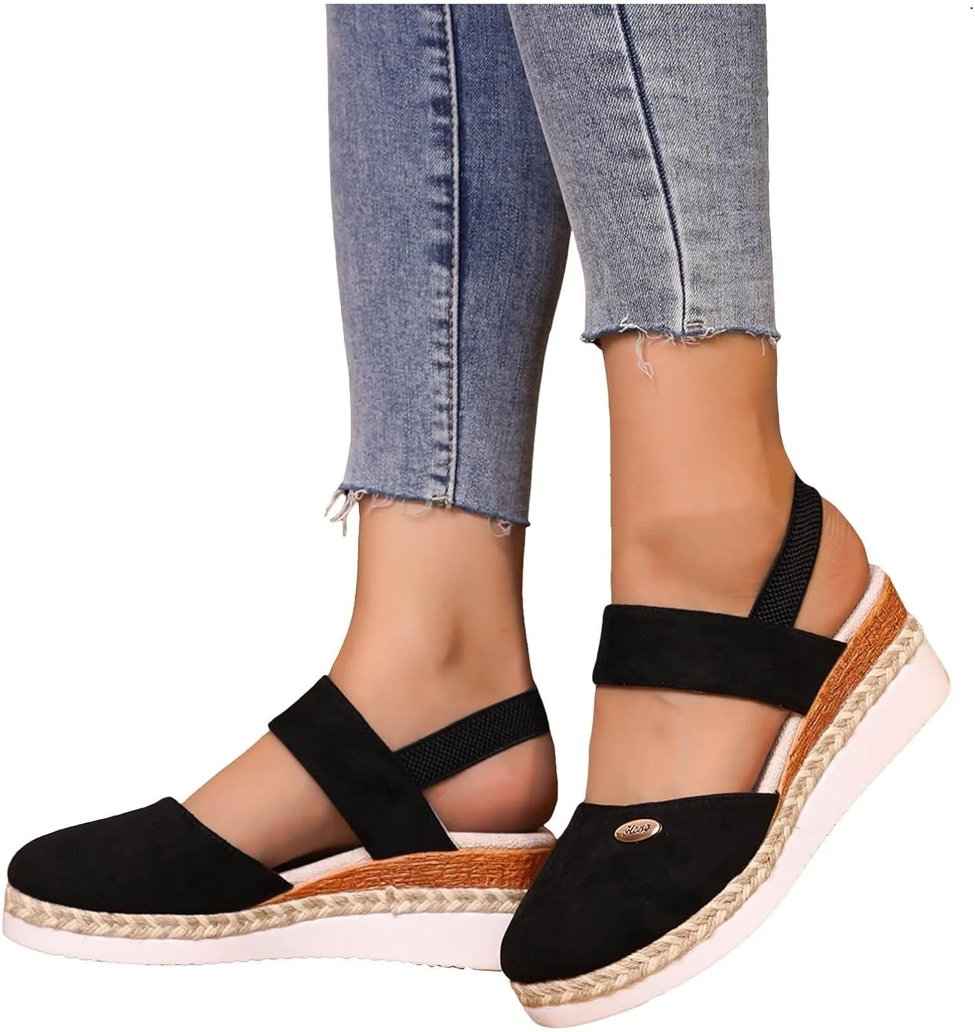 Womens Espadrilles Wedge Sandals Comfortable Closed Toe Slip On Sandals with Arch Support Elastic Strappy Ankle Strap for All Occasions: Casual, Work, Party