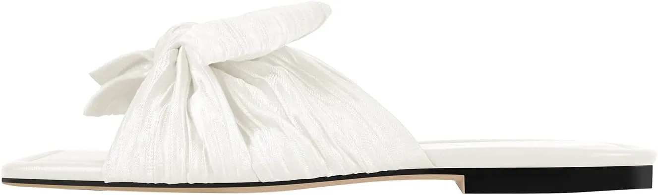 Women's Flat Pleated Bow Sandals for Women Slip on Slide Square Toe Sandals Dressy Beach