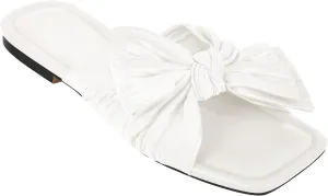 Women's Flat Pleated Bow Sandals for Women Slip on Slide Square Toe Sandals Dressy Beach