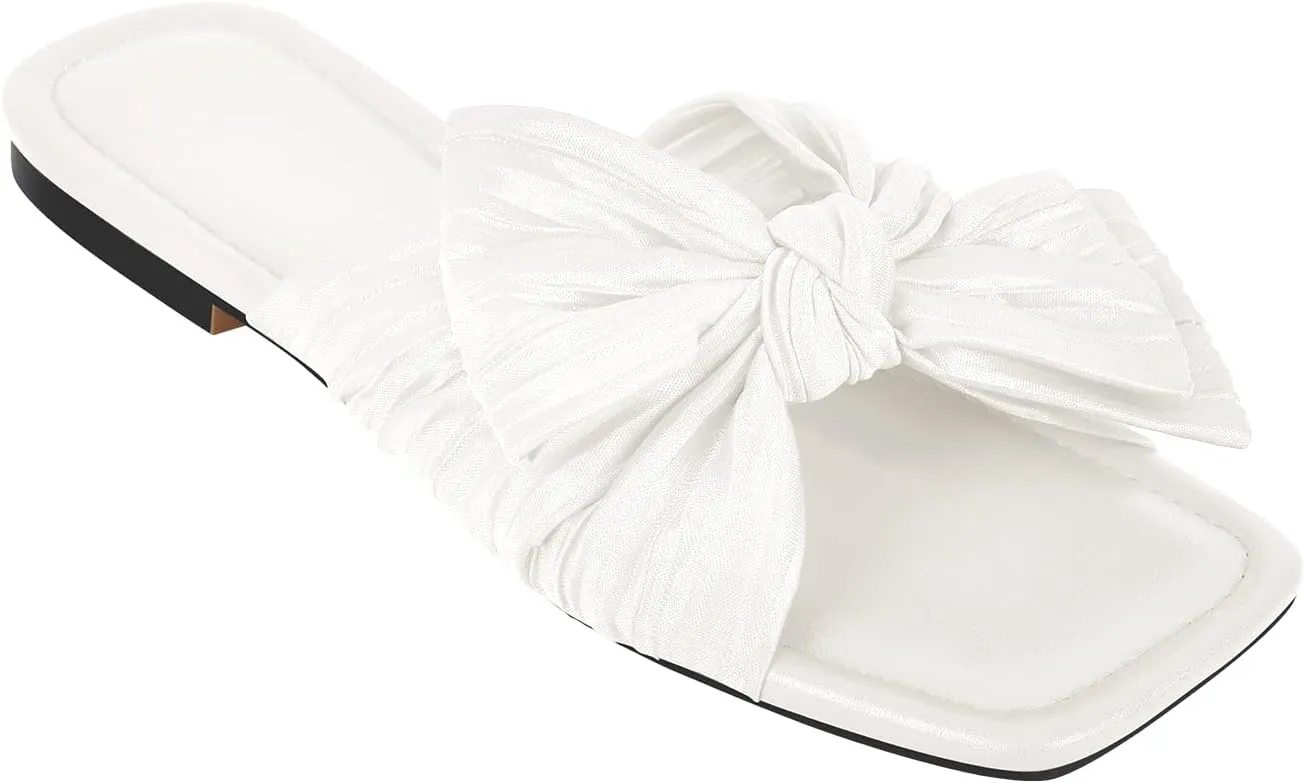 Women's Flat Pleated Bow Sandals for Women Slip on Slide Square Toe Sandals Dressy Beach