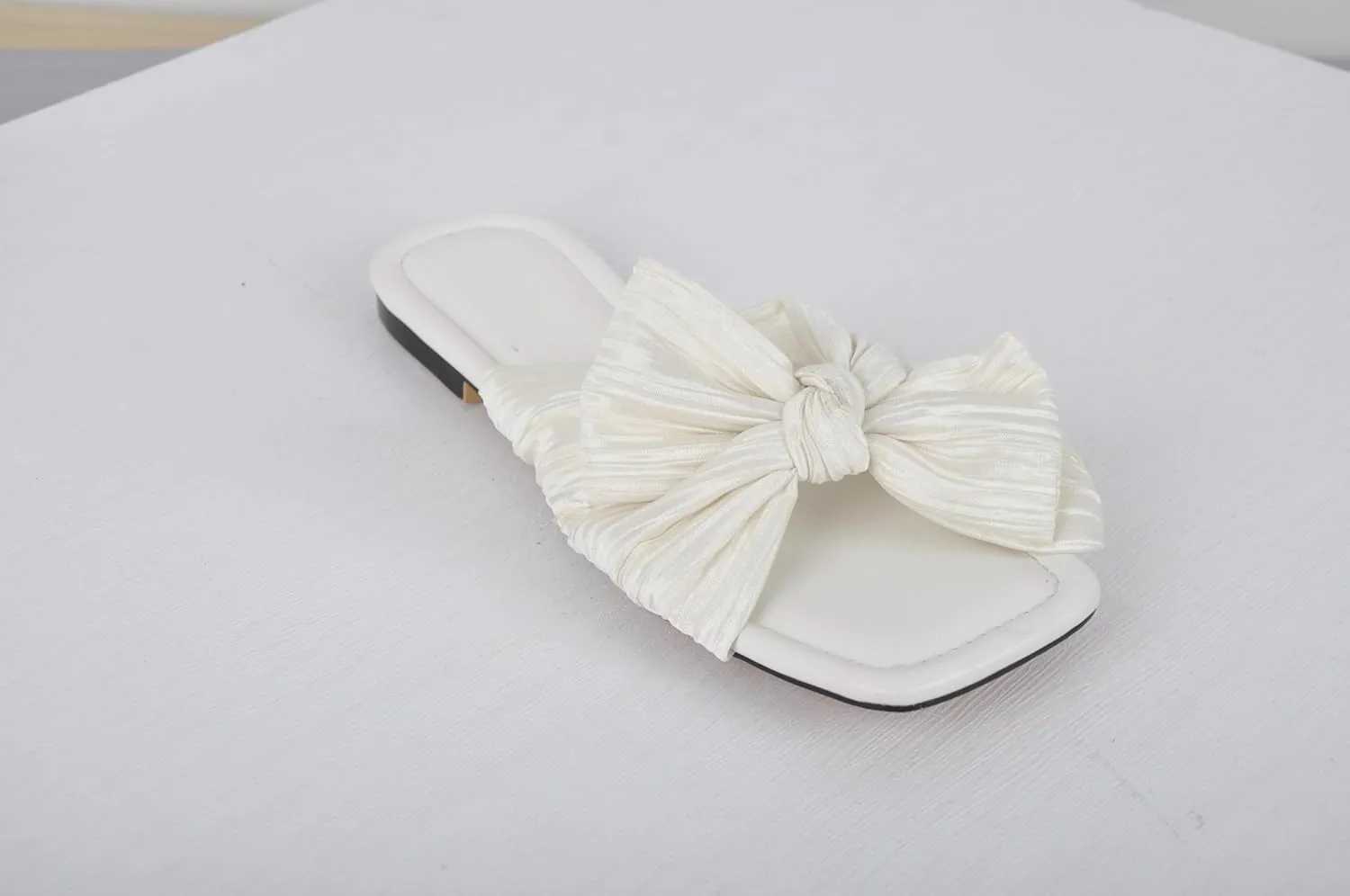 Women's Flat Pleated Bow Sandals for Women Slip on Slide Square Toe Sandals Dressy Beach