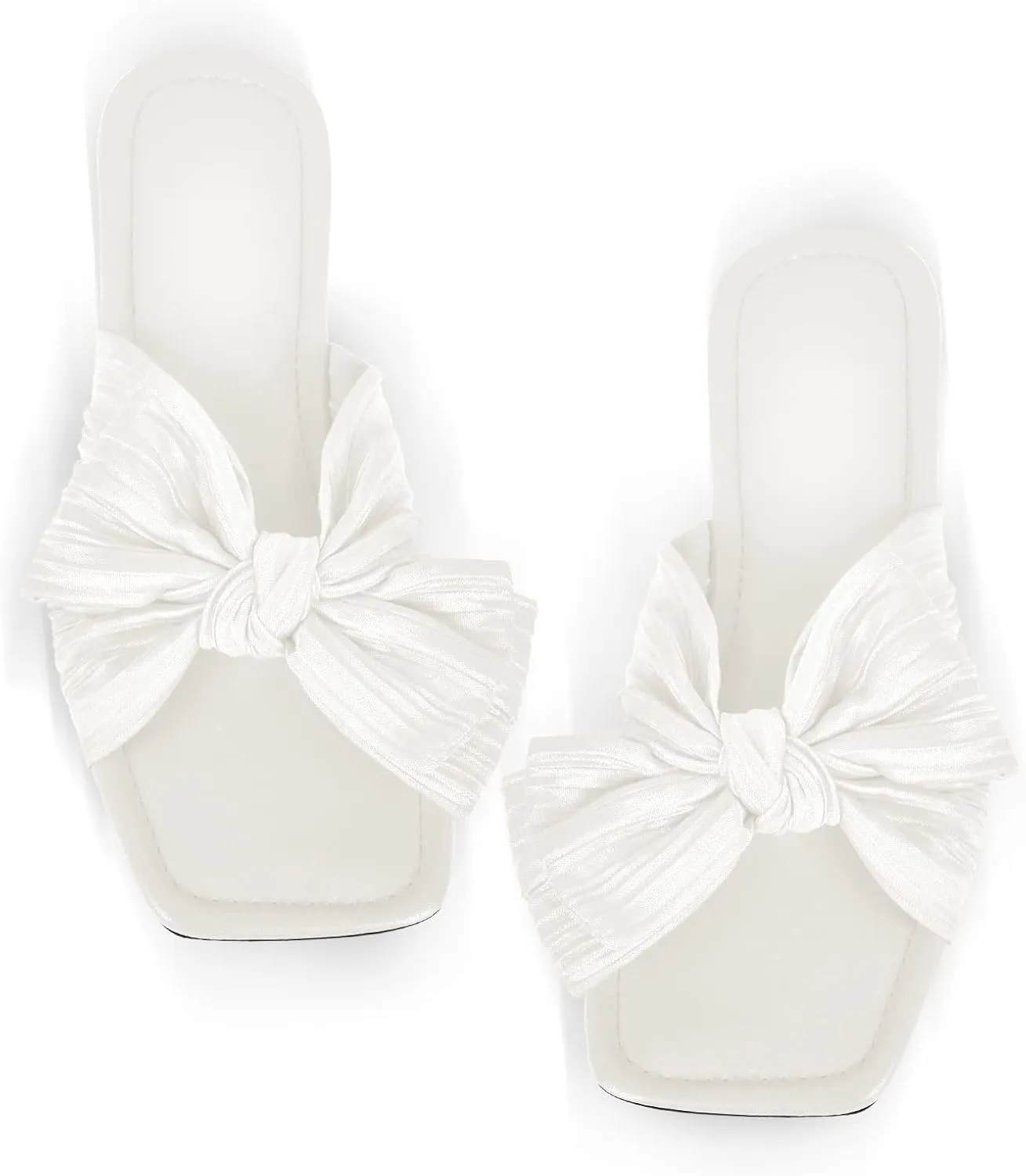Women's Flat Pleated Bow Sandals for Women Slip on Slide Square Toe Sandals Dressy Beach